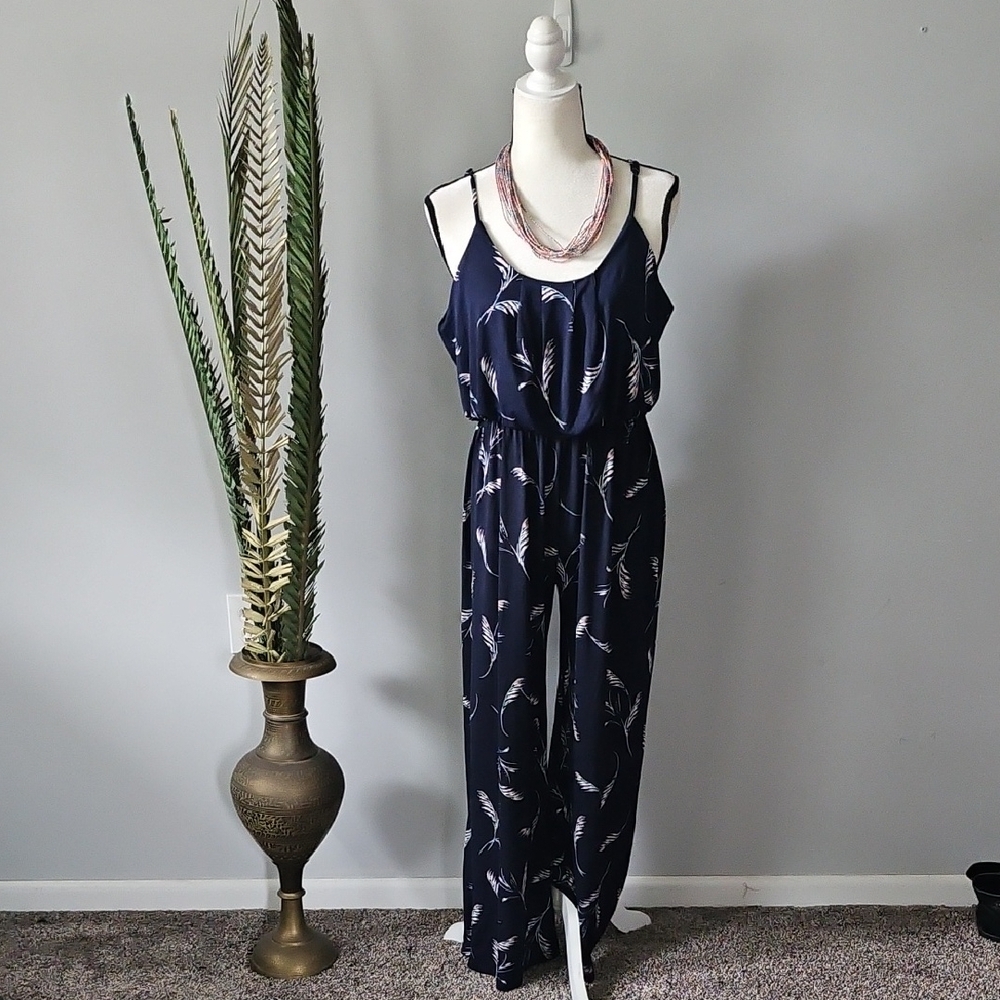 Love Ryan Navy Blue with Print Spaghetti Strap Jumpsuit